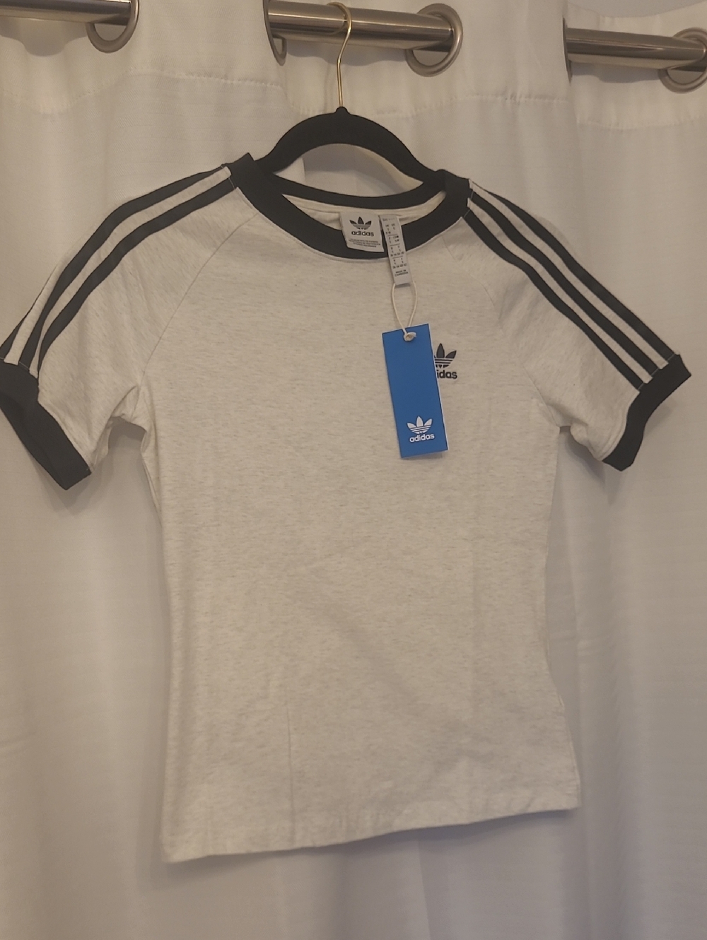 Adidas Retro Greyish White Tee with Black Trim and 3-Stripe Shoulder Detail